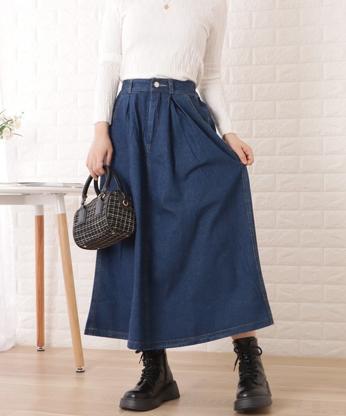 Lace Ladies(レースレディース)の「Aラインミモレ丈デニムタックスカート(スカート・レディース・ブルー・XL/M)」の4枚目の写真