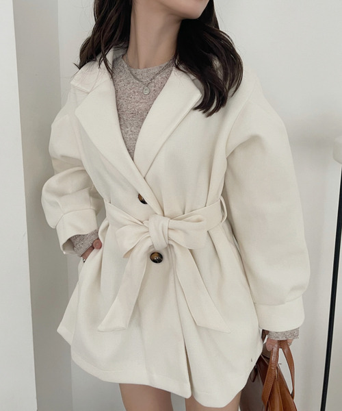 セール】リボンベルト 付き ボリュームスリーブ ショートコート