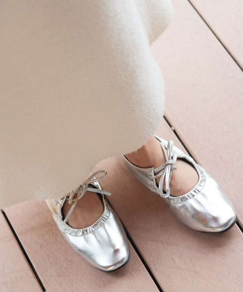 スムース素材レースアップリボンメリージェーンバレエシューズ（バレエ