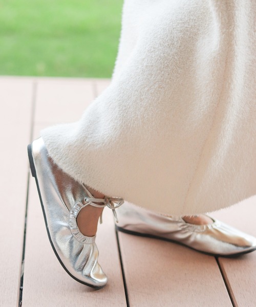 スムース素材レースアップリボンメリージェーンバレエシューズ（バレエ