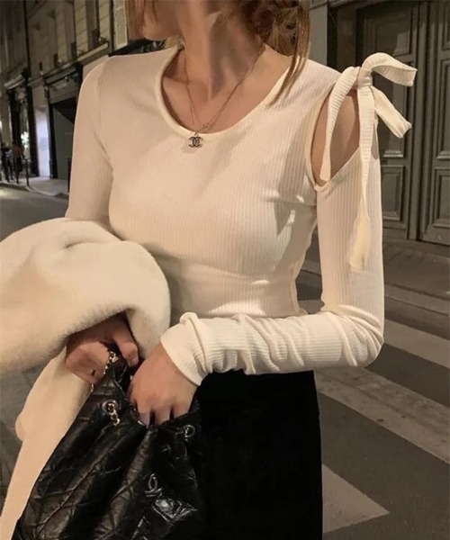 by muni:r(バイ ムニール)の「アンバルショルダーリボンTシャツ(Tシャツ/カットソー・レディース・ピンク/アイボリー/ブラック・FREE)」の17枚目の写真