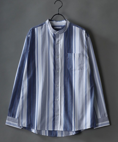SITRY（シトリー）の「Broadcloth Stripe ＆ Plaid Band Collar Shirt/ストライプ チェック ブロード バンドカラーシャツ（シャツ/ブラウス・メンズ・グレー系その他/ブルー系その他2/ブルー系その他3/グレー系その他2/ブルー系その他/ホワイト系その他・M/L/LL）」の5枚目の写真