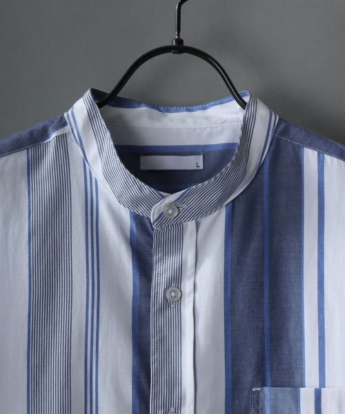 SITRY（シトリー）の「Broadcloth Stripe ＆ Plaid Band Collar Shirt/ストライプ チェック ブロード バンドカラーシャツ（シャツ/ブラウス・メンズ・グレー系その他/ブルー系その他2/ブルー系その他3/グレー系その他2/ブルー系その他/ホワイト系その他・M/L/LL）」の16枚目の写真