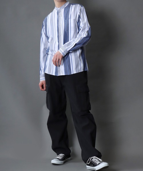 SITRY（シトリー）の「Broadcloth Stripe ＆ Plaid Band Collar Shirt/ストライプ チェック ブロード バンドカラーシャツ（シャツ/ブラウス・メンズ・グレー系その他/ブルー系その他2/ブルー系その他3/グレー系その他2/ブルー系その他/ホワイト系その他・M/L/LL）」の21枚目の写真