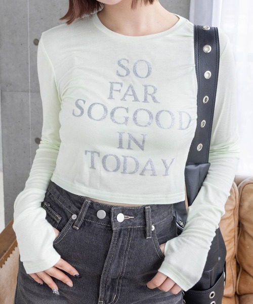 clear（クリア）の「レタリングラメプリント長袖カットソー［ショート丈 ロンT プリント］≪再入荷≫（Tシャツ/カットソー・レディース・オフホワイト/ブラック/ピンク/ミント・F）」の3枚目の写真