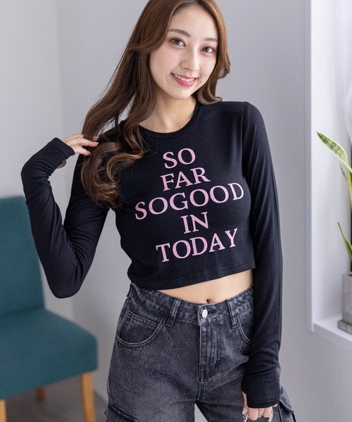 clear（クリア）の「レタリングラメプリント長袖カットソー［ショート丈 ロンT プリント］≪再入荷≫（Tシャツ/カットソー・レディース・オフホワイト/ブラック/ピンク/ミント・F）」の6枚目の写真