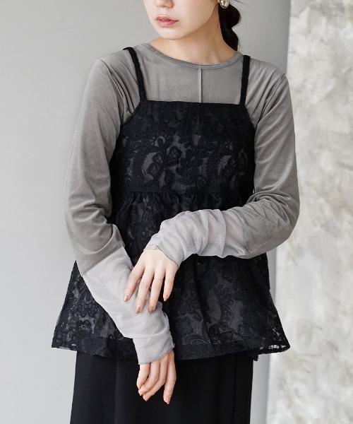e-zakkamania stores(イーザッカマニアストアーズ)の「シアーカフス ベロアカットソー(Tシャツ/カットソー・レディース・オフホワイト/グレー/ネイビー・フリー)」の3枚目の写真