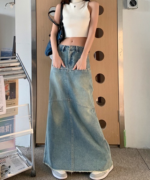 FREE STYLISTS(フリー スタイリスト)の「YUGA_YGMC ハイウエスト 切替マーメイド マキシデニムスカート(デニムスカート・レディース・ブルー・L/M/XL/S)」の3枚目の写真