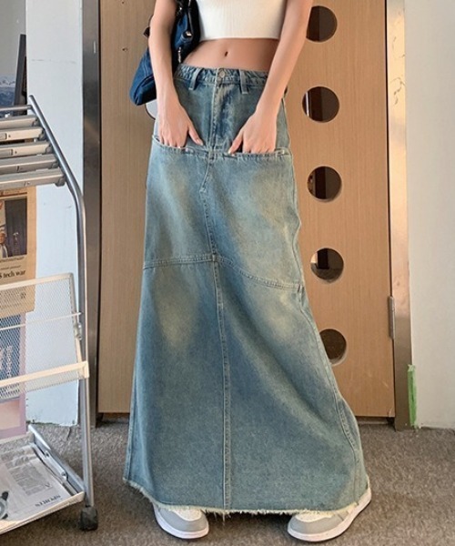 FREE STYLISTS(フリー スタイリスト)の「YUGA_YGMC ハイウエスト 切替マーメイド マキシデニムスカート(デニムスカート・レディース・ブルー・L/M/XL/S)」の8枚目の写真
