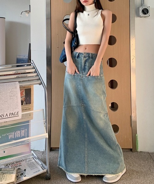 FREE STYLISTS(フリー スタイリスト)の「YUGA_YGMC ハイウエスト 切替マーメイド マキシデニムスカート(デニムスカート・レディース・ブルー・L/M/XL/S)」の4枚目の写真