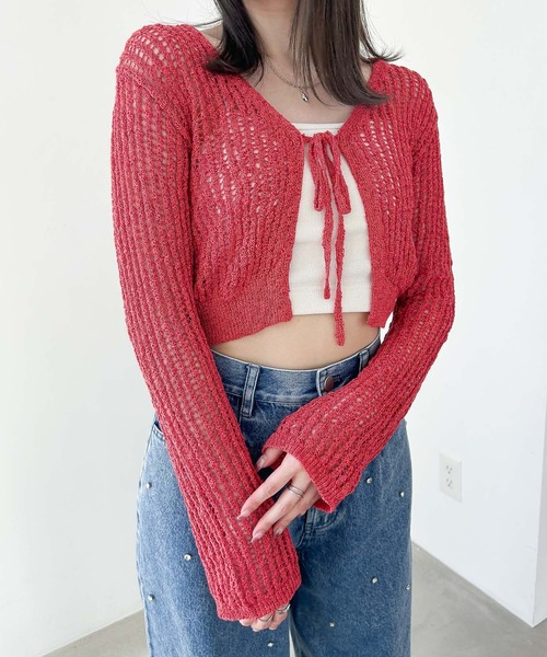 Heather（ヘザー）の「リボンメッシュカーディガン　113937（カーディガン/ボレロ・レディース・ブラック/ピンクベージュ/ホワイト/イエロー/レッド・FREE）」の5枚目の写真