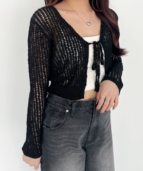 Heather（ヘザー）の「リボンメッシュカーディガン　113937（カーディガン/ボレロ・レディース・ブラック/ピンクベージュ/ホワイト/イエロー/レッド・FREE）」の3枚目の写真