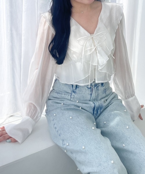 Heather（ヘザー）の「フリルリボンブラウス　118765（シャツ/ブラウス・レディース・ホワイト/ピンクベージュ/ブラック・FREE）」の2枚目の写真