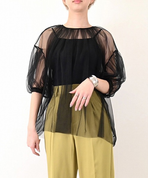 STYLEBLOCK（スタイルブロック）の「ラメチュールレイヤードギャザーブラウス（シャツ/ブラウス・レディース・グレー/ブルー/アイボリー/ブラック・M）」の2枚目の写真