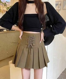 フロントレースアッププリーツミニスカート