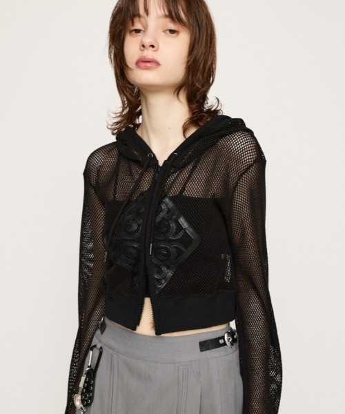 PATCH LEATHER MESH HOODIE パッチ レザー メッシュ フーディ