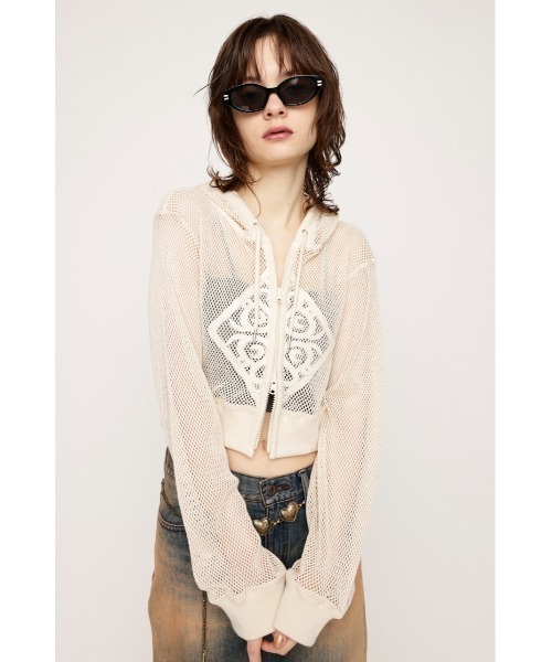 SLY(スライ)の「PATCH LEATHER MESH HOODIE パッチ レザー メッシュ フーディ(パーカー・レディース・ブラック/アイボリー・FREE)」の8枚目の写真