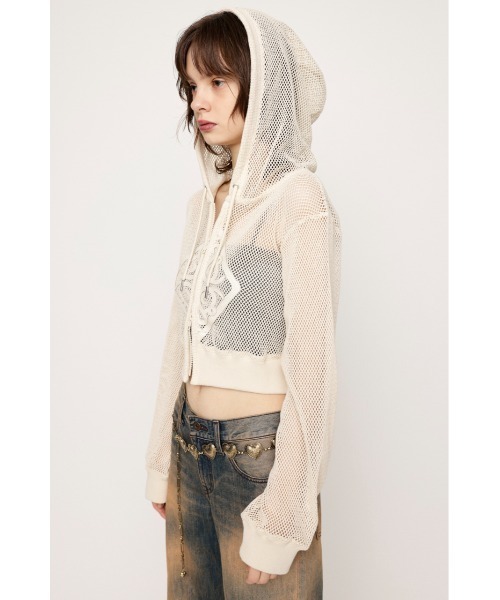 SLY(スライ)の「PATCH LEATHER MESH HOODIE パッチ レザー メッシュ フーディ(パーカー・レディース・ブラック/アイボリー・FREE)」の9枚目の写真