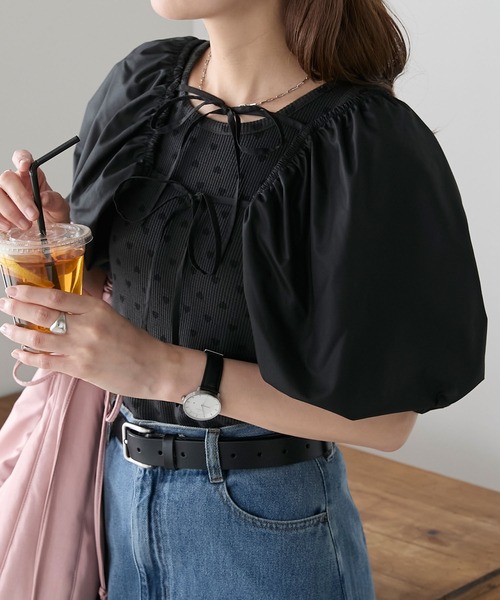 BONLECILL(ボンルシール)の「2wayダブルリボンボリュームスリーブボレロブラウス(シャツ/ブラウス・レディース・ブラック/オフホワイト/ブラック系1/ネイビー系1・FREE)」の3枚目の写真
