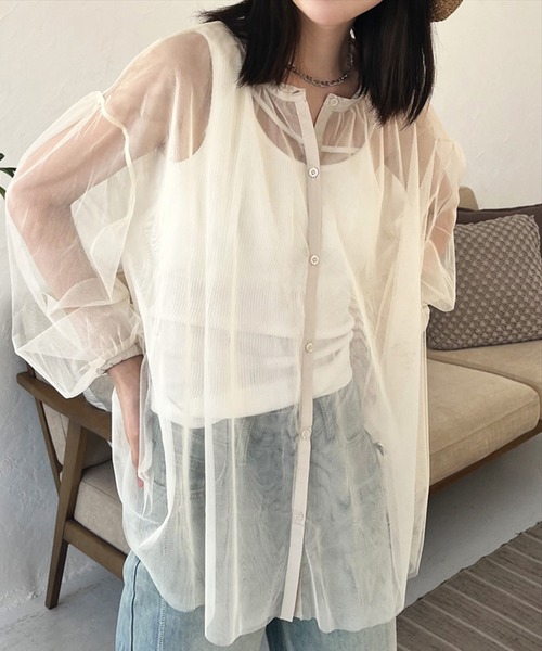 STYLEBLOCK(スタイルブロック)の「チュールビッグシャツ(シャツ/ブラウス・レディース・ブラック/グリーン/ベージュ/アイボリー・FREE)」の6枚目の写真