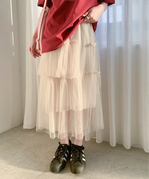 Teem Store(チームストア)の「リボン ティアード チュールロングスカート(スカート・レディース・アイボリー/ブラック・S/M)」の2枚目の写真