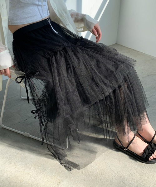 Teem Store(チームストア)の「リボン ティアード チュールロングスカート(スカート・レディース・アイボリー/ブラック・S/M)」の6枚目の写真