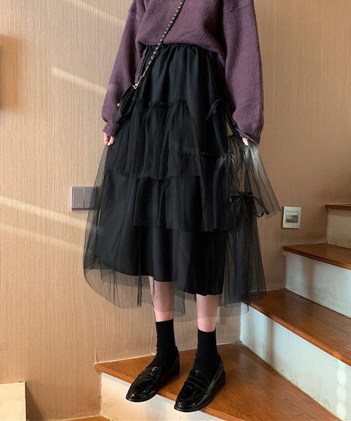 Teem Store(チームストア)の「リボン ティアード チュールロングスカート(スカート・レディース・アイボリー/ブラック・S/M)」の9枚目の写真