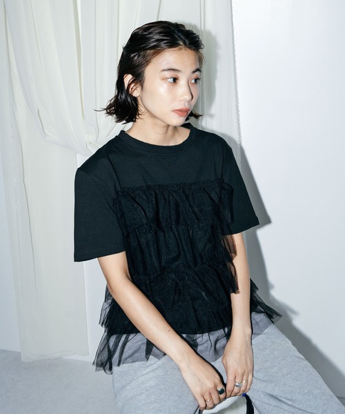 LIENCOEUR(リアンクール)の「チュールドッキングT(Tシャツ/カットソー・レディース・ホワイト/ブラック・FREE)」の4枚目の写真