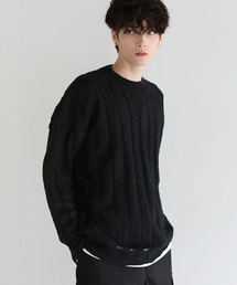 ビッグシルエット裾ダメージケーブルニット