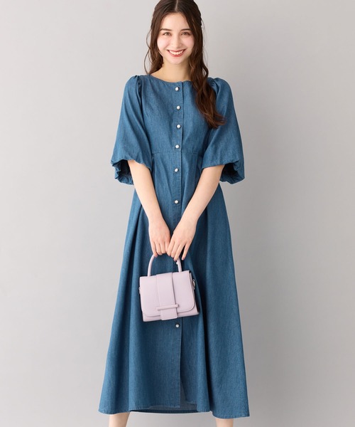 【セール】パール調ボタン付デニムロングワンピース（ワンピース）｜alotta（アロッタ）