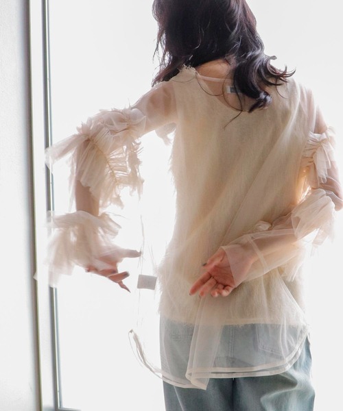 Three Four Time(スリーフォータイム)の「スリーブフリルチュールブラウス(シャツ/ブラウス・レディース・アイボリー/ブラック・FREE)」の11枚目の写真