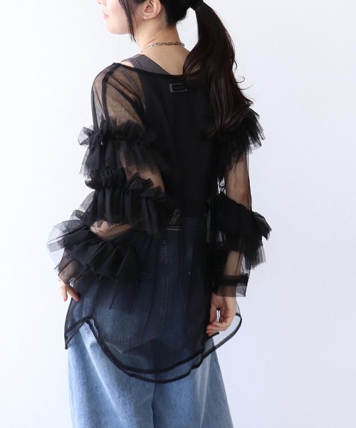 TOMO KOIZUMI 黒ラッフルスリーブTシャツ チュール ブラウス フリル