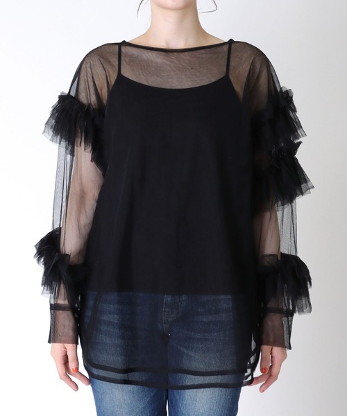 Three Four Time(スリーフォータイム)の「スリーブフリルチュールブラウス(シャツ/ブラウス・レディース・アイボリー/ブラック・FREE)」の5枚目の写真