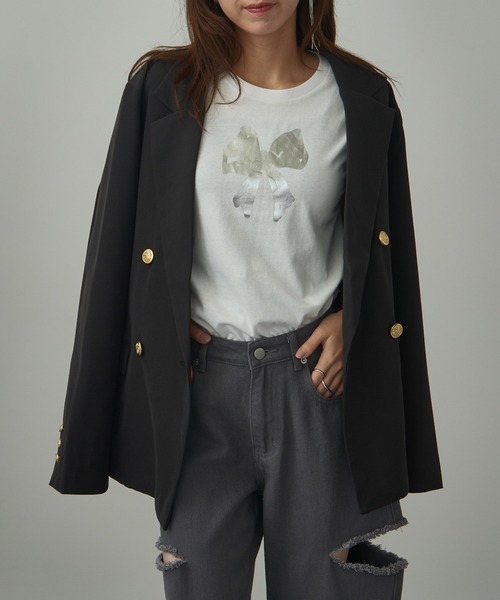 MAISON BREEZE reveur（メゾンブリーズレヴール）の「【MAISON BREEZE reveur】箔プリント コンパクトTシャツ フラワー リボン プリントT（Tシャツ/カットソー・レディース・ブラック/ライトピンク/ブラック系その他2/ホワイト系その他2/ホワイト/レッド/ホワイト系その他3/ネイビー・FREE）」の20枚目の写真