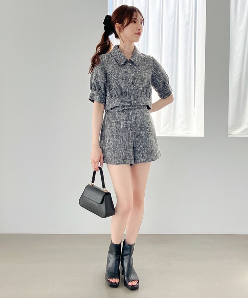 Heather（ヘザー）の「フロントホックツイードジャケット（5分袖）　139065（ブルゾン・レディース・ブラック系/ホワイト系・FREE）」の5枚目の写真