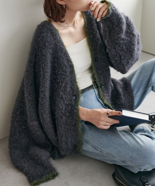 カーディガン 「WEB限定」MIXブークレシャギー配色Vネックカーディガン レディース WEB限定】MIXブークレシャギー配色Vネックカーディガン
