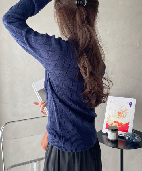 U.S. POLO ASSN.（ユーエスポロアッスン）の「【U.S. POLO ASSN. Ada.別注/ユーエスポロアッスン】ケーブルニットカーディガン（カーディガン/ボレロ・レディース・イエロー/ネイビー/ブラウン/オフホワイト/ブラック/レッド/ネイビー×ホワイト/グレー・S/M/L）」の17枚目の写真