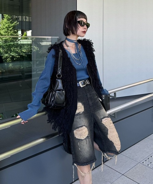 PAGEBOY（ページボーイ）の「ヴィンテージハーフデニムパンツ（デニムパンツ・レディース・ブラック/ブルー・SMALL/MEDIUM）」の6枚目の写真