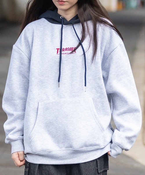 THRASHER(スラッシャー)の「【at】〔THRASHER/スラッシャー〕裏起毛 ワンポイントロゴ刺繍 ボクシーフィット パーカー(パーカー・メンズ・ネイビー/ホワイト/グリーン/ブラック/アッシュグレー/グレー/アイボリー/ブラウン・MEDIUM/LARGE)」の11枚目の写真