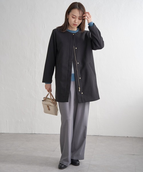 セール】ウールライクストレッチフードコート（ノーカラーコート