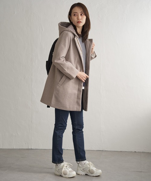 セール】ウールライクストレッチフードコート（ノーカラーコート