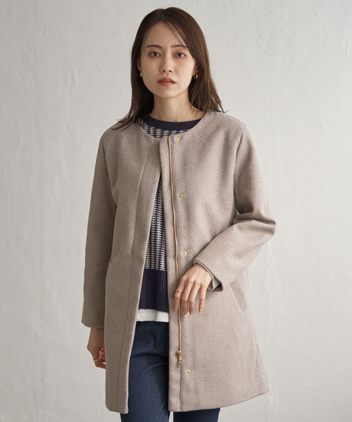 セール】ウールライクストレッチフードコート（ノーカラーコート