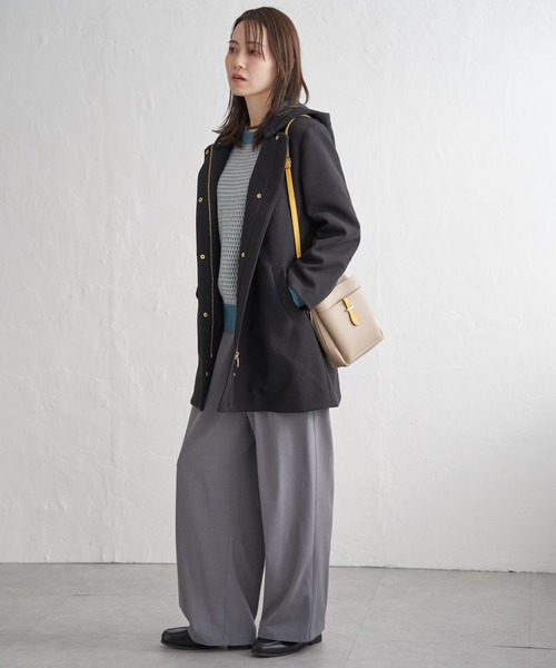 セール】ウールライクストレッチフードコート（ノーカラーコート