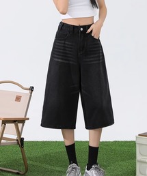 Lilamusant（リラミュゾン）の「/Lilamusant(リラミュゾン)/ヴィンテージライクワイドハーフデニムパンツ ウォッシュ加工 Y2K 韓国ストリート（デニムパンツ）」