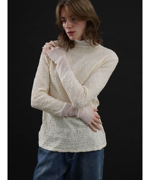 :ETHROF(イーサオブ)の「SHEER LAYERED TOPS(Tシャツ/カットソー・レディース・ベージュ系その他3/オフホワイト/ブラック・FREE)」の10枚目の写真