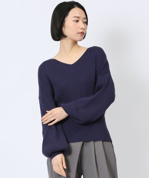 MARBLE WALTS（マーブルワルツ）の「【ストレッチ マシンウォッシャブル】MARBLE WALTS Vネック リブニットプルオーバー（ニット/セーター・レディース・ホワイト/ネイビー・MEDIUM）」の2枚目の写真