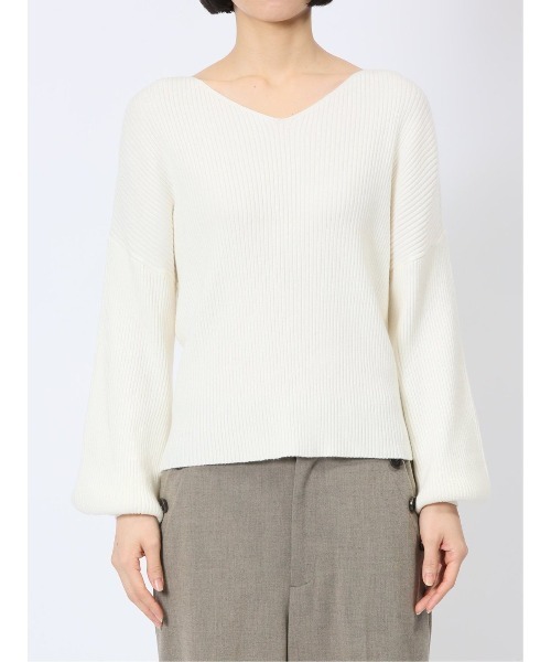 MARBLE WALTS（マーブルワルツ）の「【ストレッチ マシンウォッシャブル】MARBLE WALTS Vネック リブニットプルオーバー（ニット/セーター・レディース・ホワイト/ネイビー・MEDIUM）」の8枚目の写真