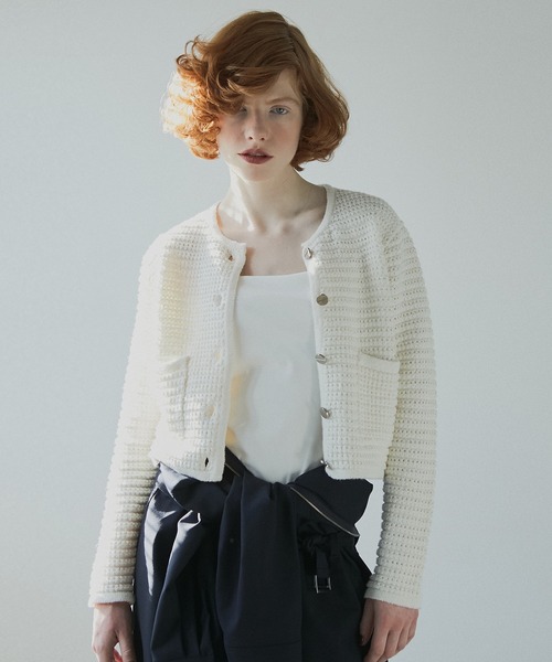 LE CIEL BLEU(ルシェルブルー)の「ワッフルニットジャケット / Waffle Knit Jacket(カーディガン/ボレロ・レディース・ライトグレー/ブラック/オフホワイト・36)」の2枚目の写真