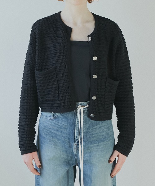 LE CIEL BLEU(ルシェルブルー)の「ワッフルニットジャケット / Waffle Knit Jacket(カーディガン/ボレロ・レディース・ライトグレー/ブラック/オフホワイト・36)」の4枚目の写真