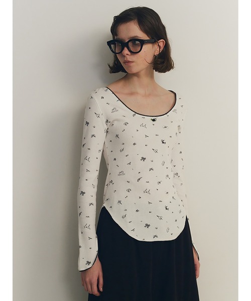 【SORIN】Tattoo Print U Neck Waffle Top 黒 セール】Tattoo Print U Neck Waffle Top（Tシャツ/カットソー